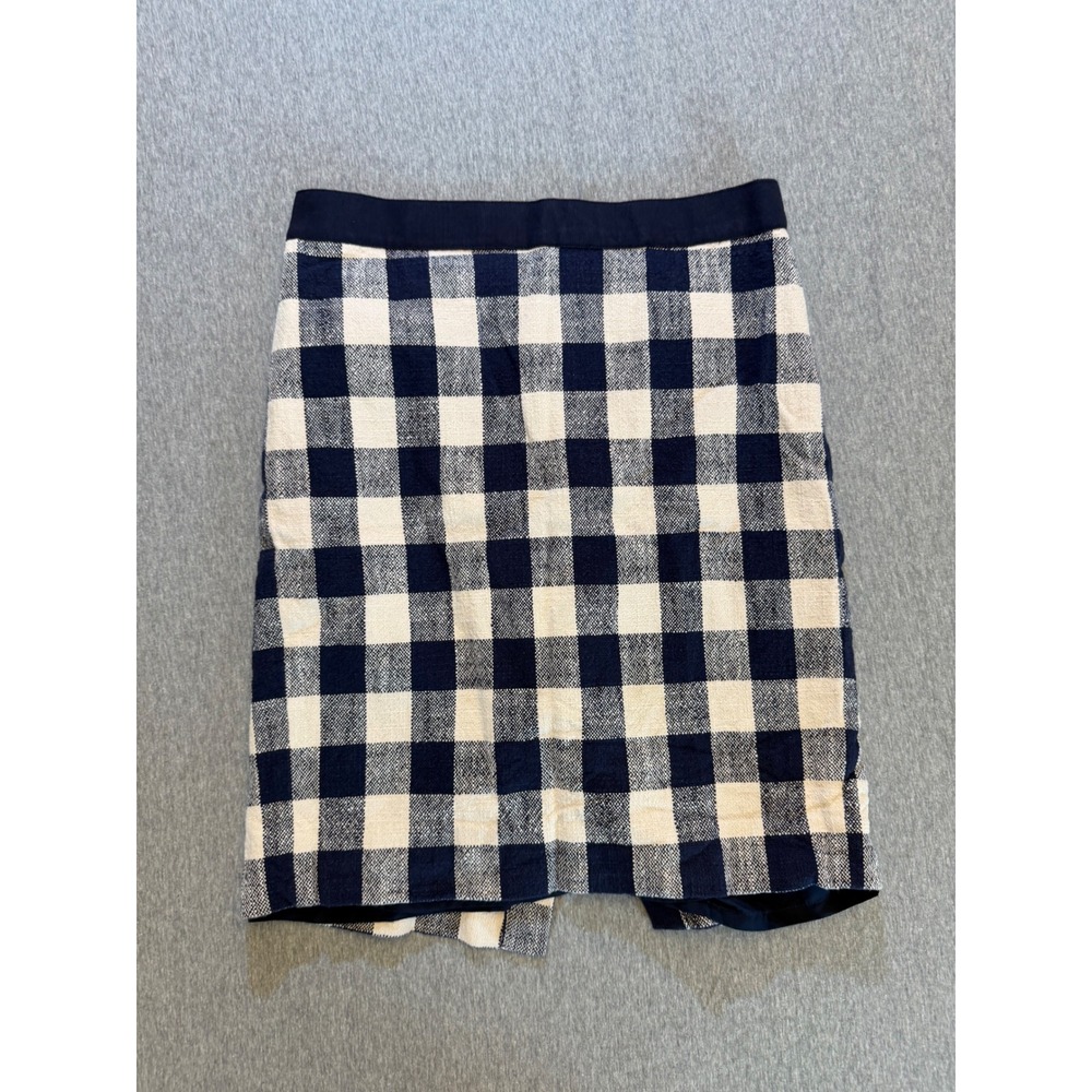 J.Crew The Pencil Skirt Navy White Gingham Cotton Linen G4833 Size 2